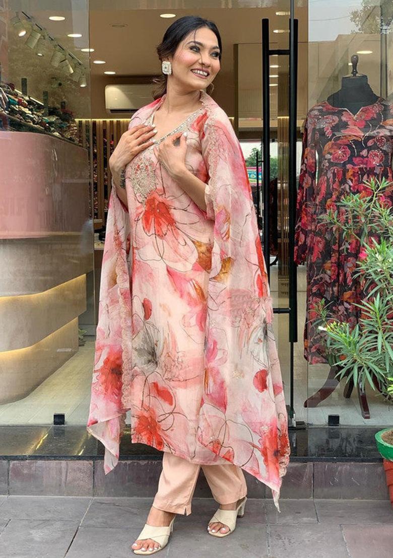 Peach Embroidered Organza Kurta Set