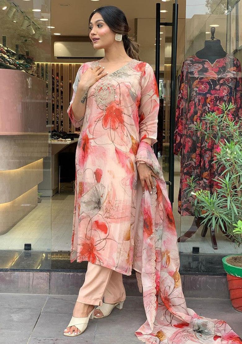 Peach Embroidered Organza Kurta Set