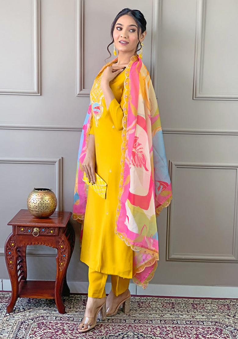 Mustard Embroidered Viscose Kurta Set
