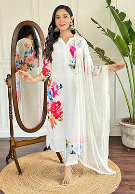 White Embroidered Crepe Kurta Set