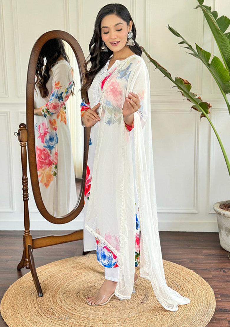 White Embroidered Crepe Kurta Set