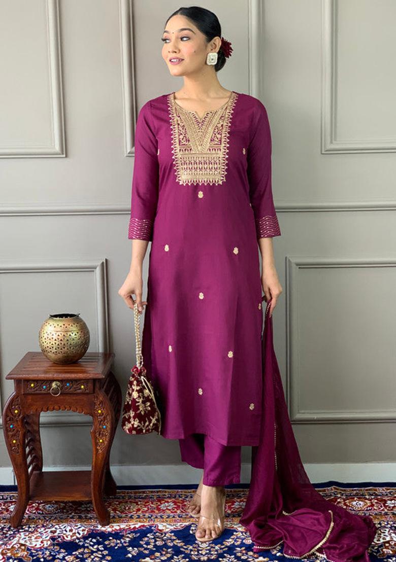 Maroon Embroidered Rayon Kurta Set