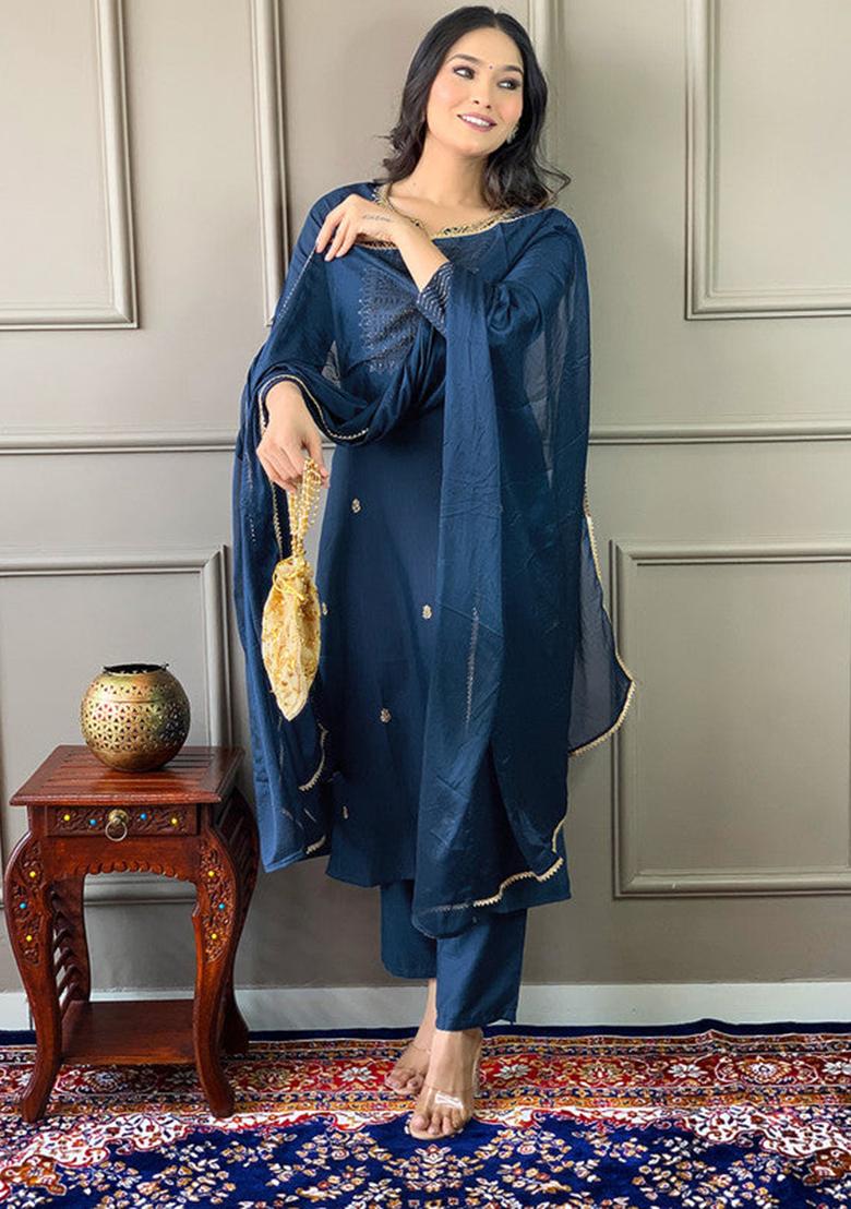 Blue Embroidered Rayon Kurta Set