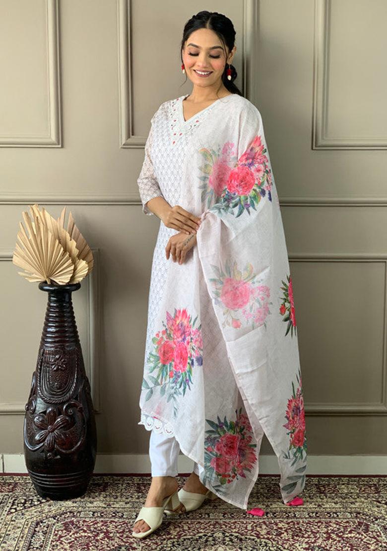 Off White Embroidered Linen  Kurta Set