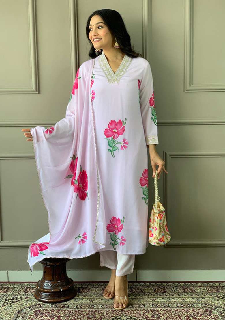 Lavender Embroidered Crepe Straight Kurta Set - Indya
