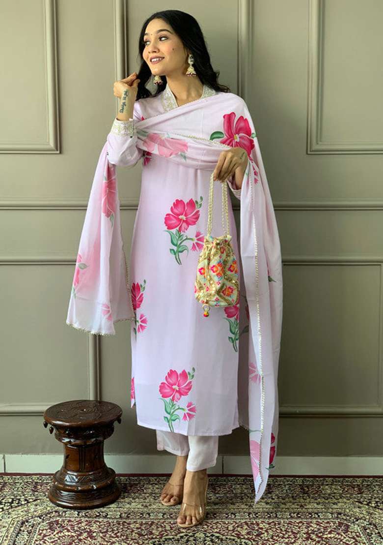Lavender Embroidered Crepe Straight Kurta Set - Indya