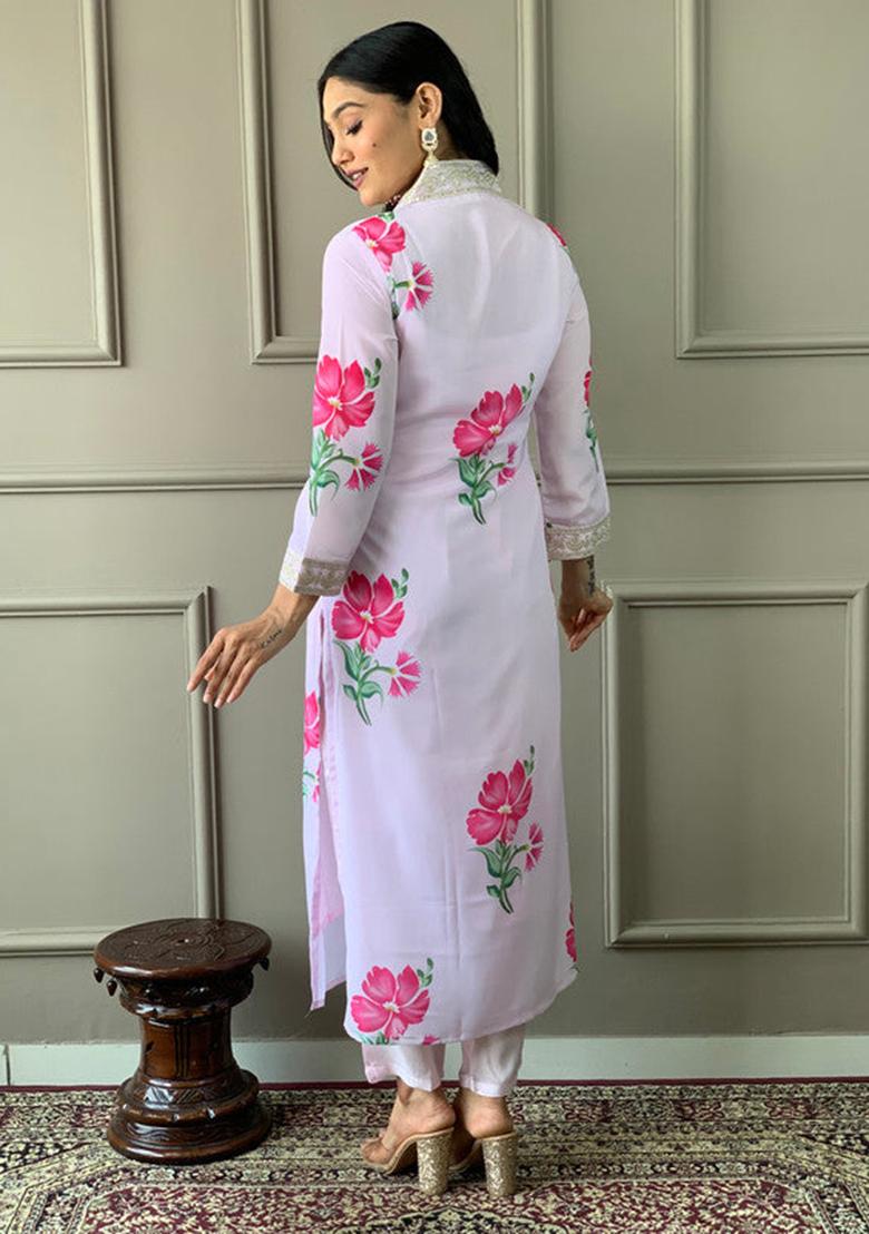 Lavender Embroidered Crepe Kurta Set