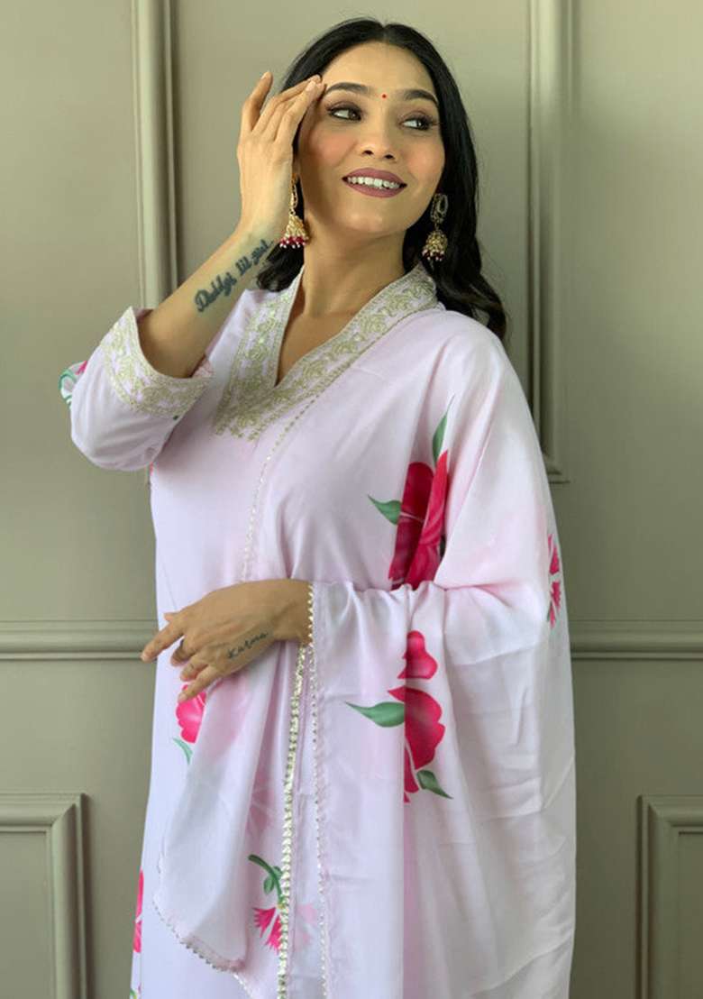 Lavender Embroidered Crepe Straight Kurta Set - Indya