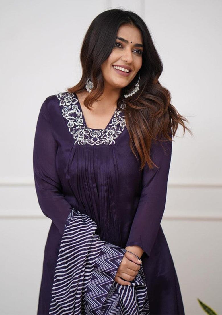 Maroon Embroidered Viscose Kurta Set