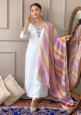 Off White Embroidered Viscose Kurta Set
