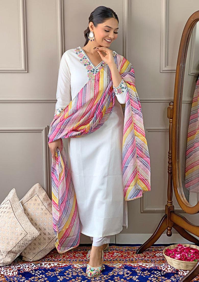 Off White Embroidered Viscose Kurta Set