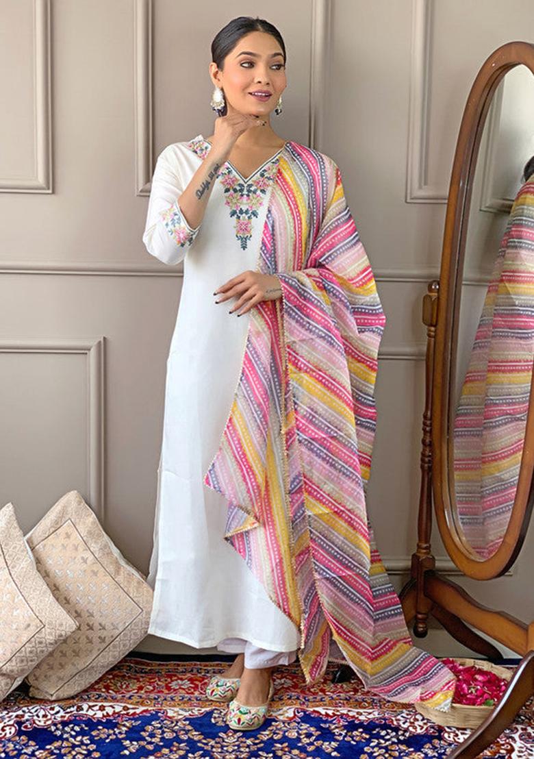Off White Embroidered Viscose Kurta Set