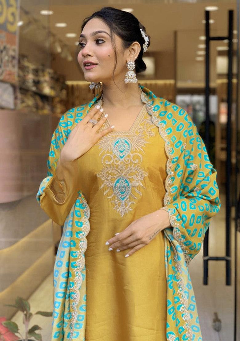 Mustard Embroidered Viscose Kurta Set