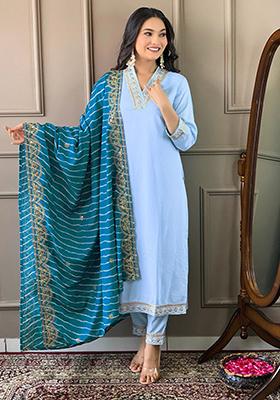 Sky Blue Embroidered Viscose Kurta Set