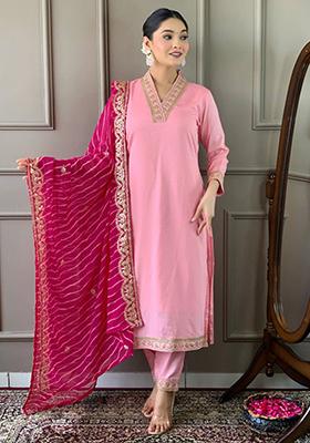 Pink Embroidered Viscose Kurta Set