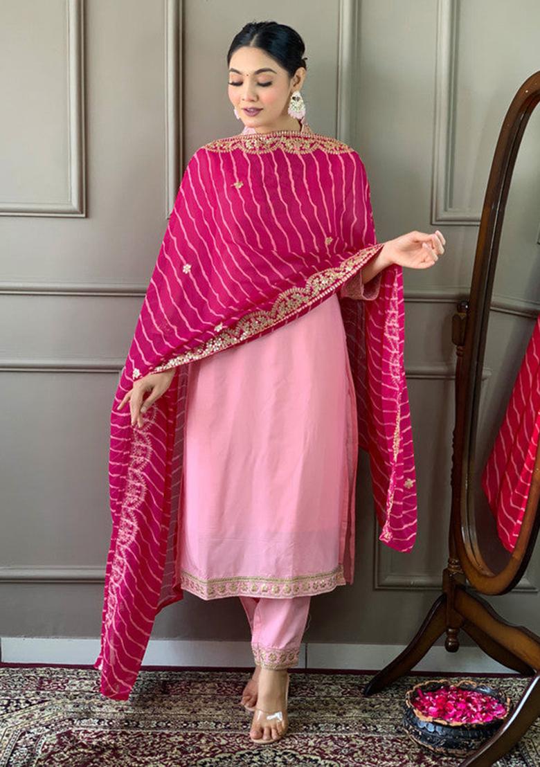 Pink Embroidered Viscose Kurta Set
