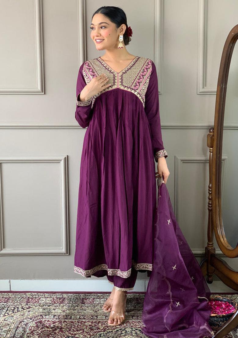 Maroon Embroidered Viscose Kurta Set