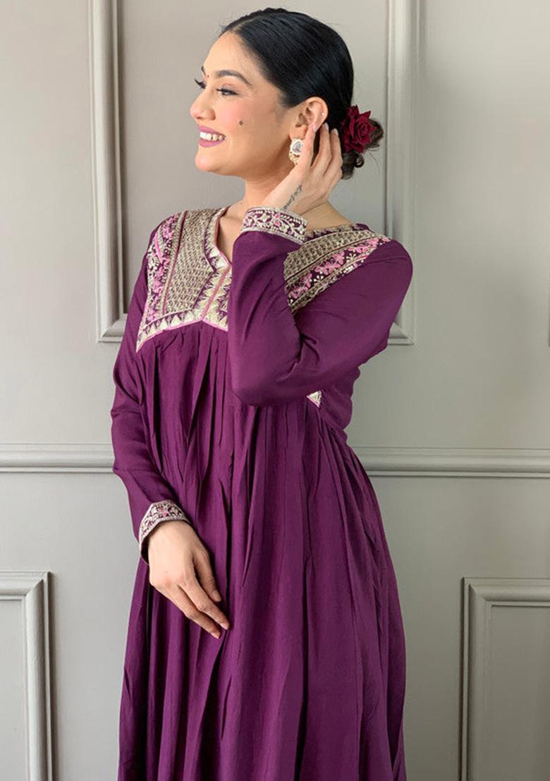 Maroon Embroidered Viscose Kurta Set