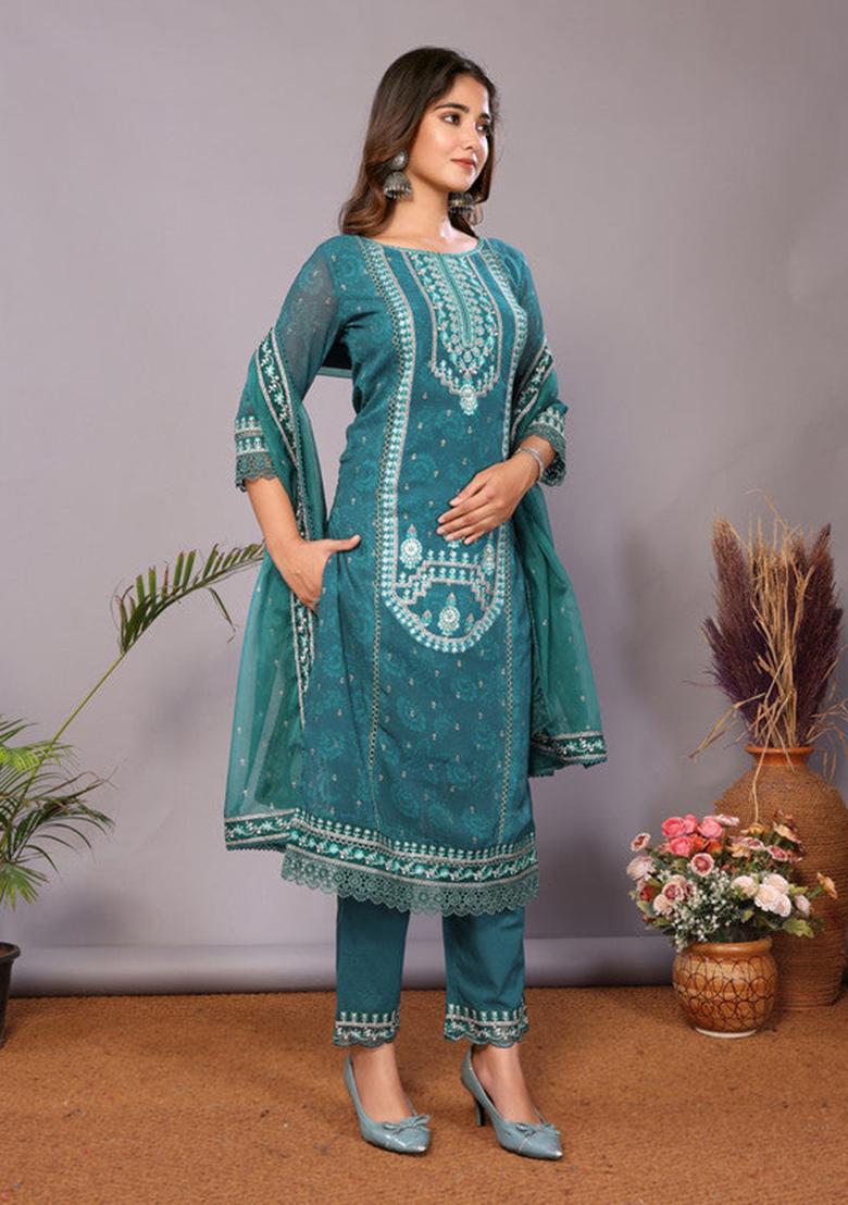 Rama Green Embroidered Georgette Kurta Set