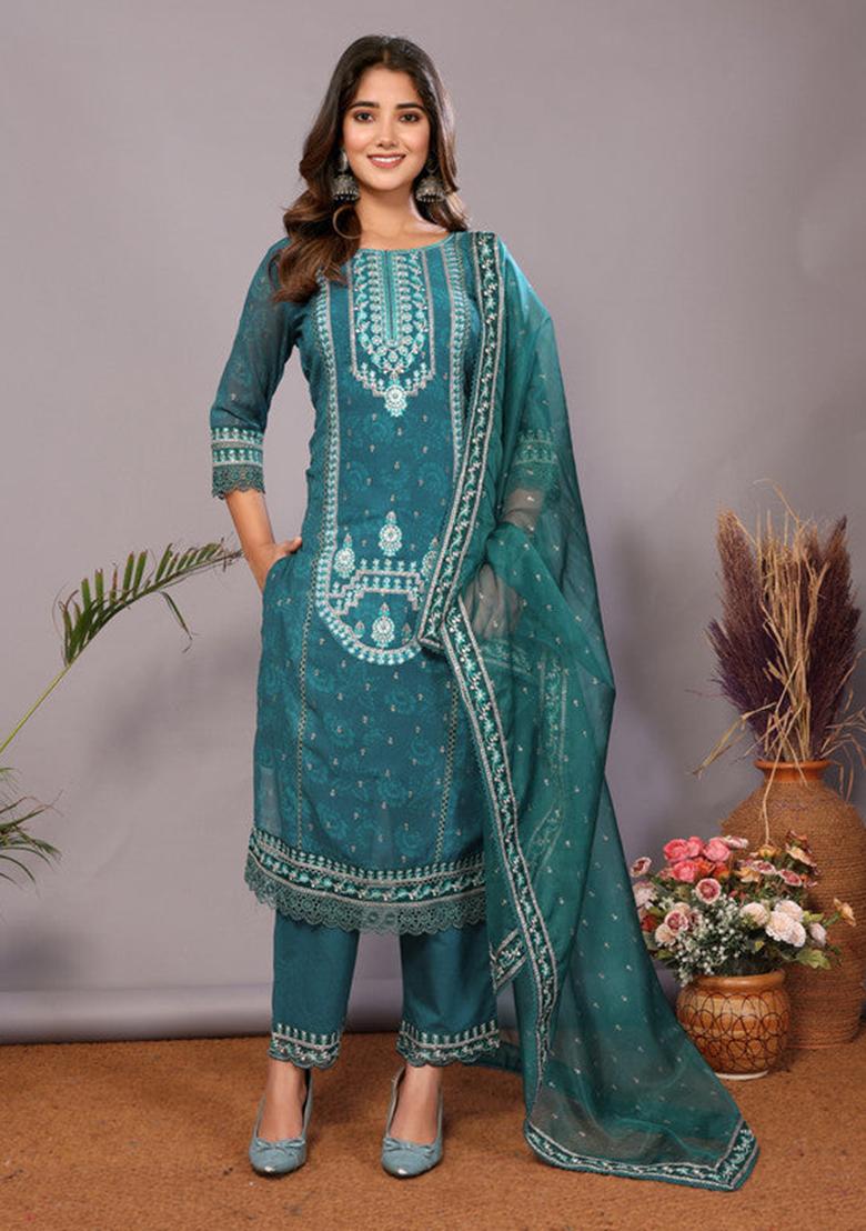 Rama Green Embroidered Georgette Kurta Set