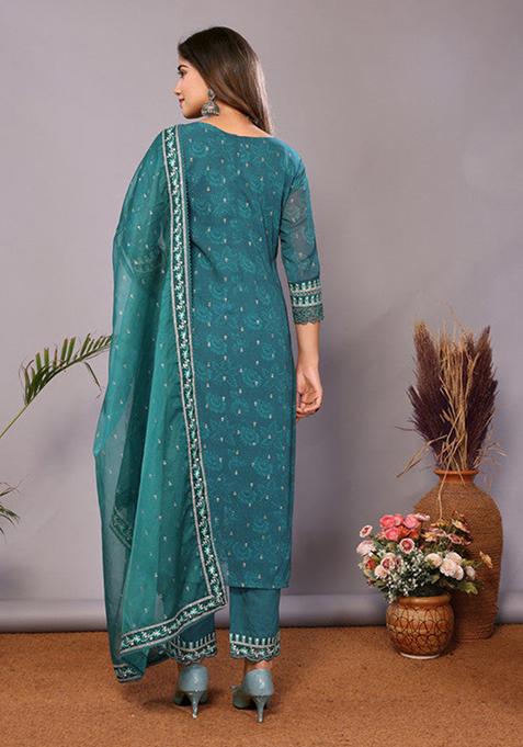 Rama Green Gold Printed Kurta Set With Skirt