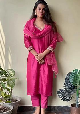 Pink Embroidered Viscose Kurta Set