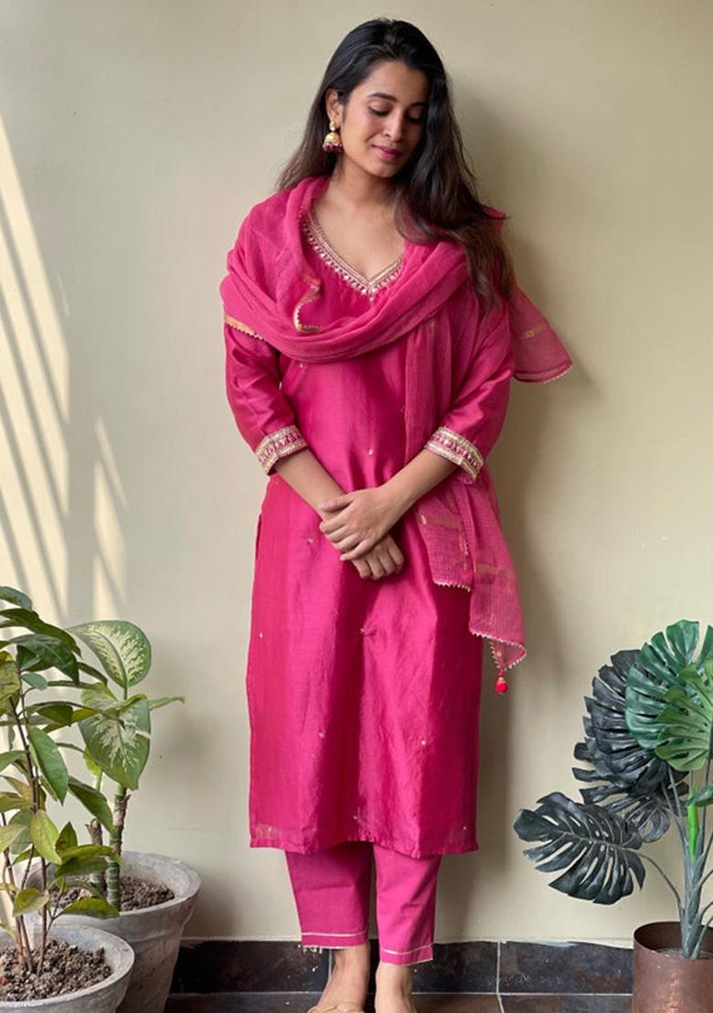 Pink Embroidered Viscose Kurta Set