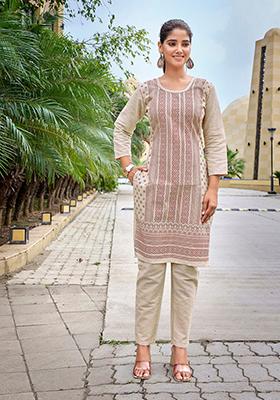 Beige Printed Cotton Kurta Set