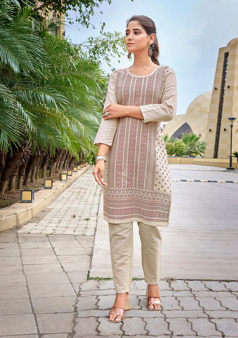 Beige Printed Cotton Kurta Set