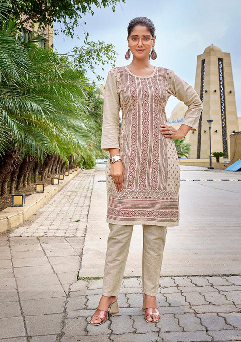 Beige Printed Cotton Kurta Set