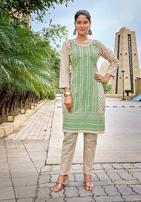 Beige Printed Cotton Kurta Set
