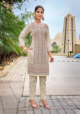Beige Printed Cotton Kurta Set