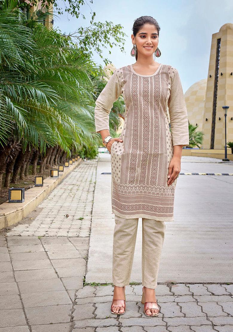 Beige Printed Cotton Kurta Set
