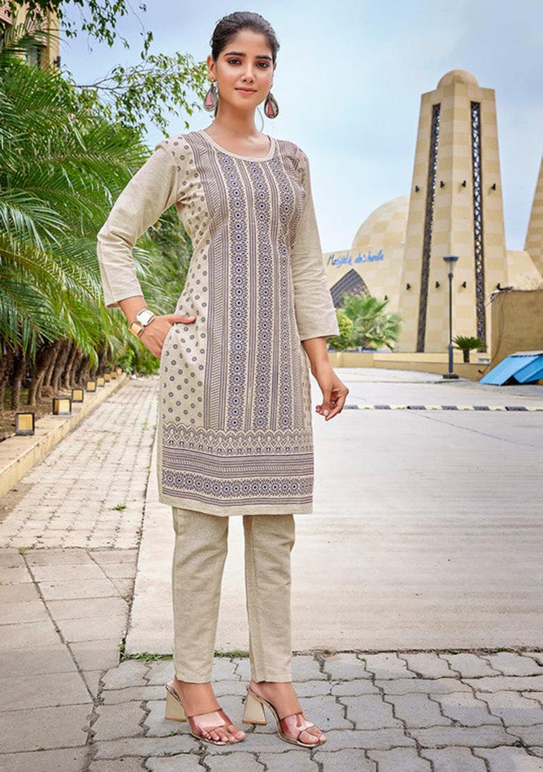 Beige Printed Cotton Kurta Set