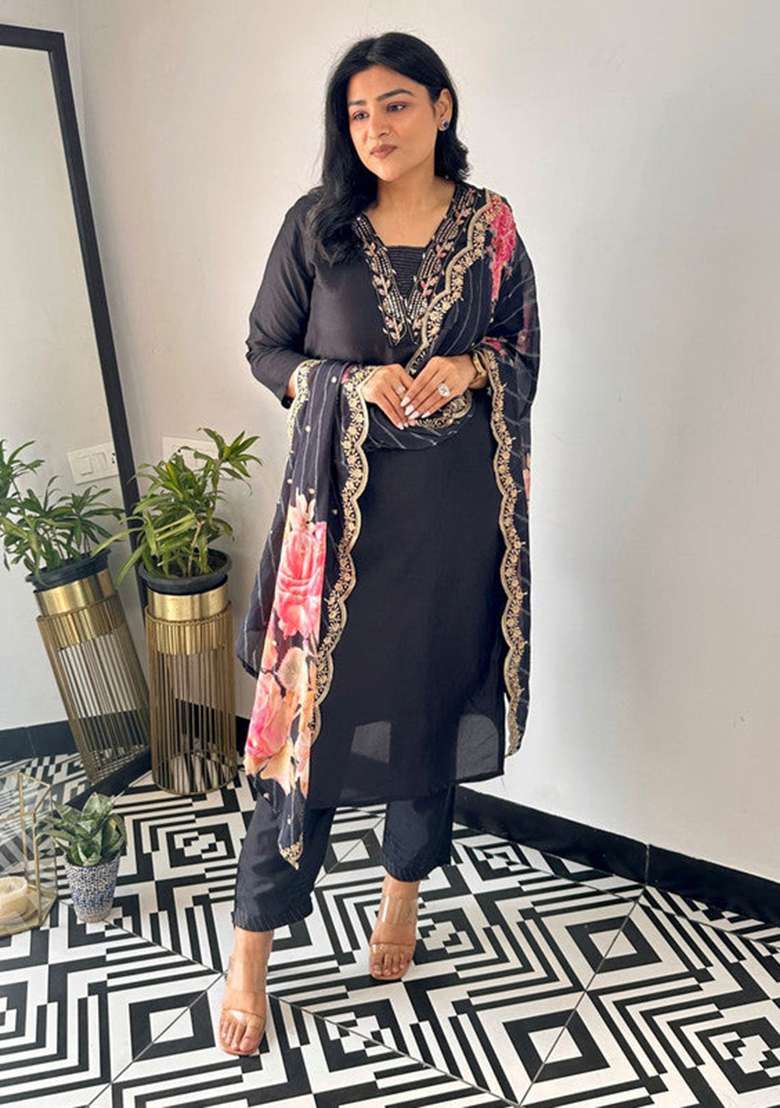 Black Embroidered Viscose Straight Kurta Set - Indya