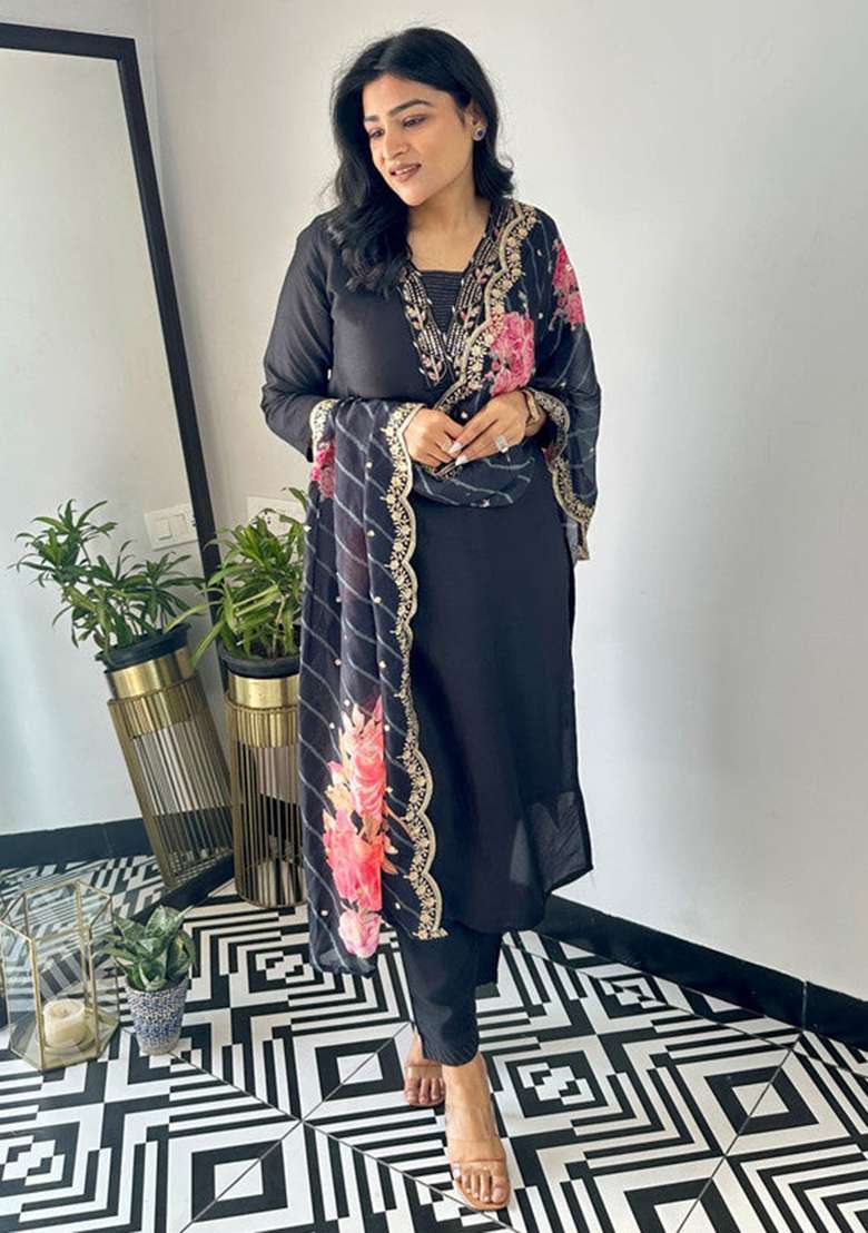 Black Embroidered Viscose Straight Kurta Set - Indya