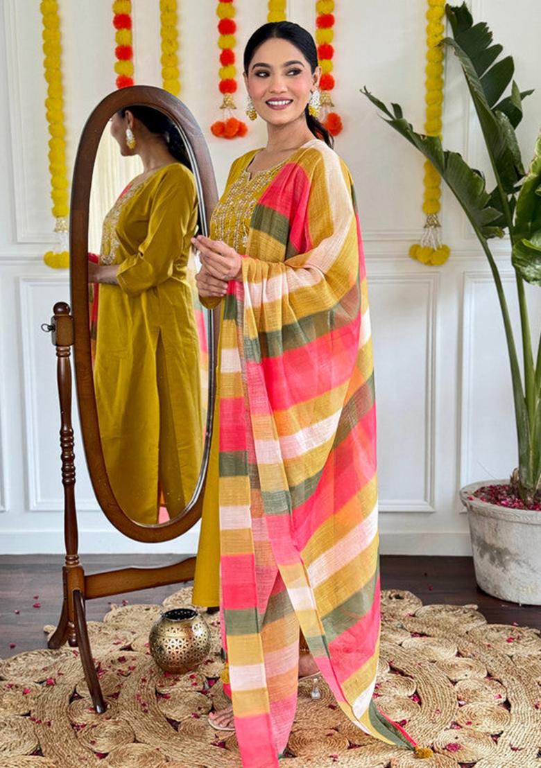 Mustard Embroidered Viscose Kurta Set