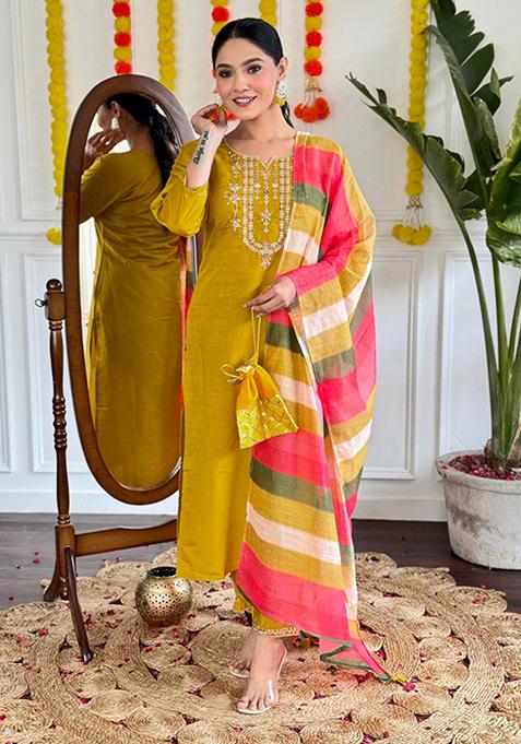 Mustard Embroidered Viscose Kurta Set