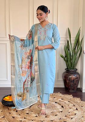 Sky Blue Embroidered Viscose Kurta Set