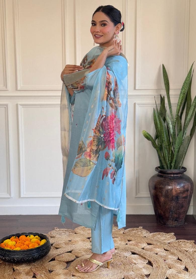 Sky Blue Embroidered Viscose Kurta Set