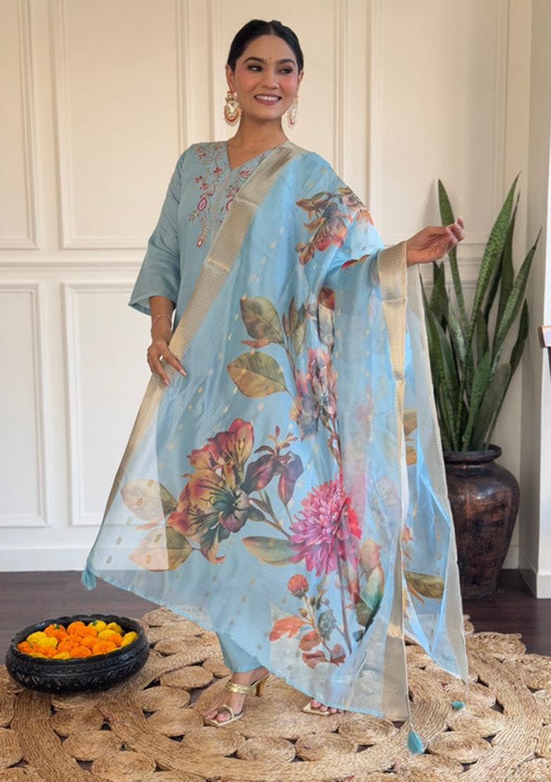 Sky Blue Embroidered Viscose Kurta Set