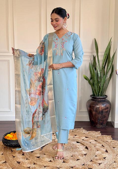 Sky Blue Embroidered Viscose Kurta Set