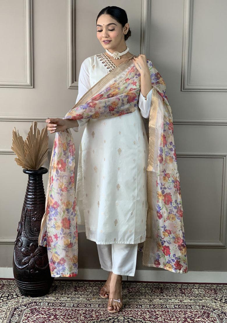 White Embroidered Viscose Kurta Set