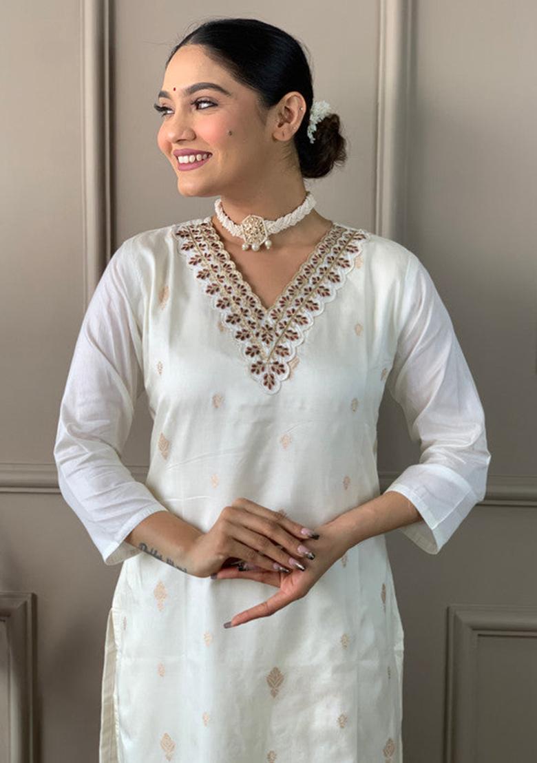 White Embroidered Viscose Kurta Set