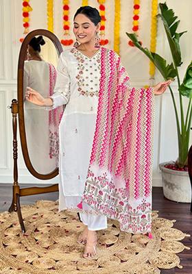 White Embroidered Viscose Kurta Set