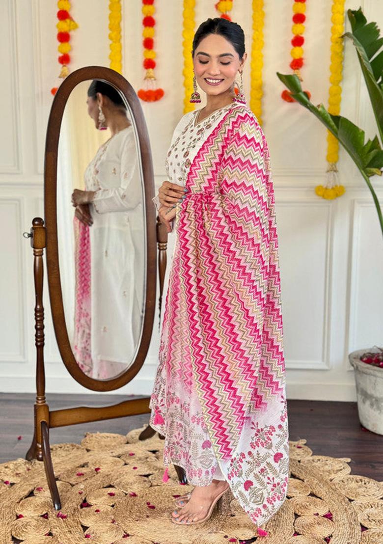 White Embroidered Viscose Kurta Set