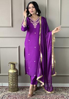 Purple Embroidered Viscose Kurta Set