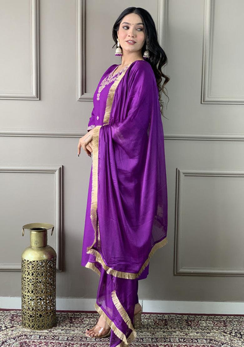 Purple Embroidered Viscose Kurta Set