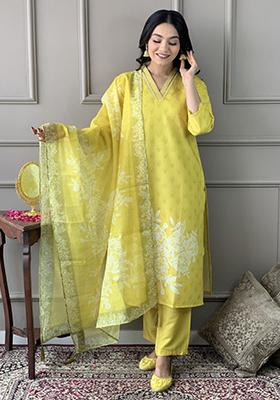 Yellow Embroidered Viscose Kurta Set