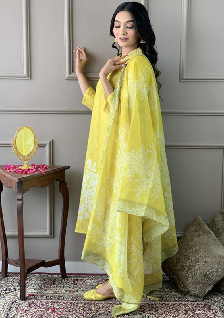 Yellow Embroidered Viscose Kurta Set